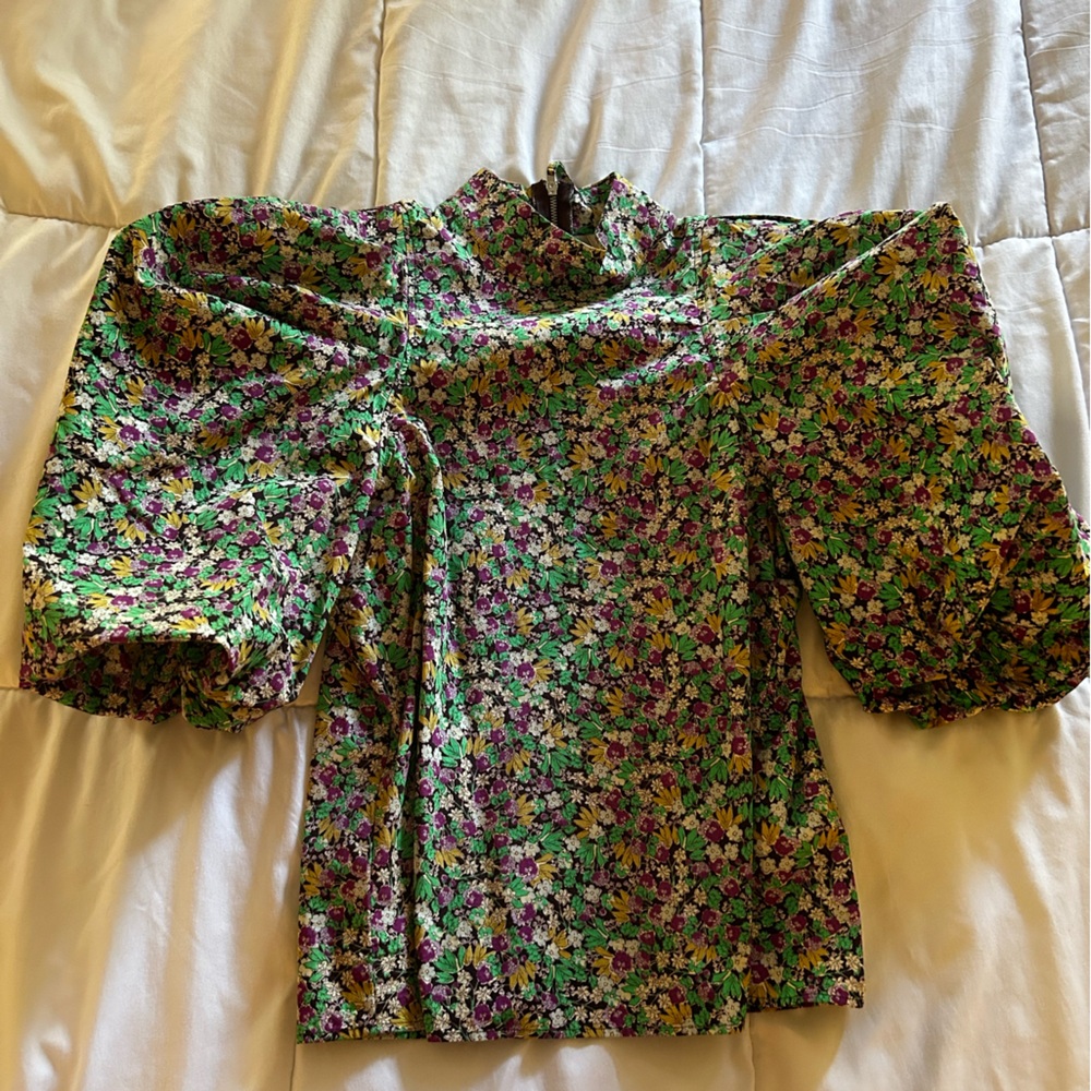 H&M Green and Purple Puff-Sleeve Blouse